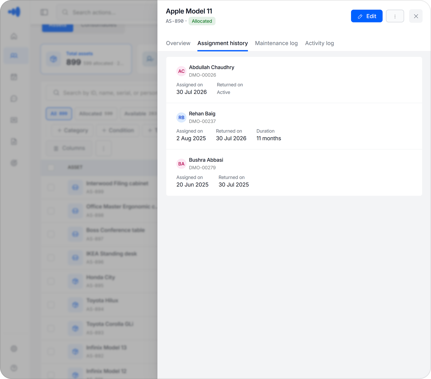 Asset maintenance log